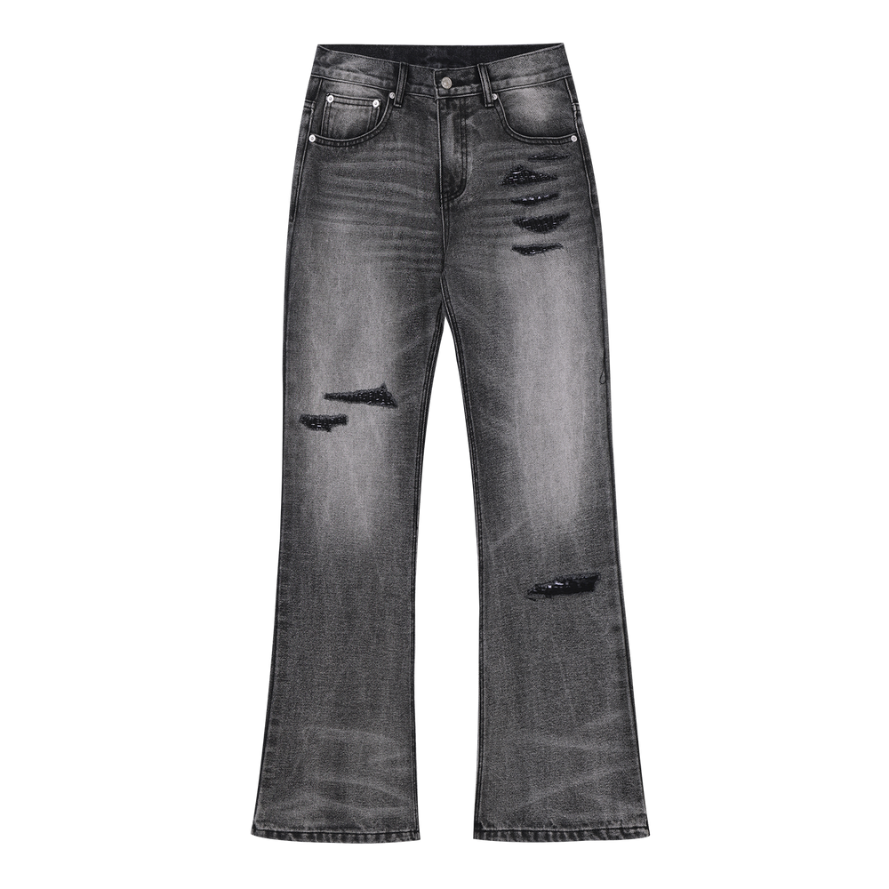 MEDM bamboo striped denim with heavily worn leather, patchwork horsehair, micro flared jeans, washed and worn casual pants for men