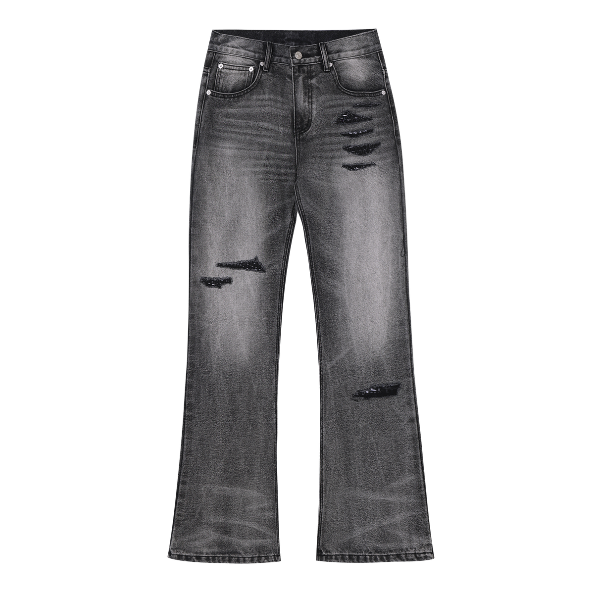 MEDM bamboo striped denim with heavily worn leather, patchwork horsehair, micro flared jeans, washed and worn casual pants for men