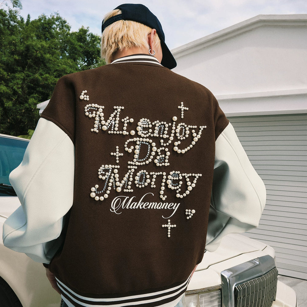 MEDM color blocking patchwork nail pearl casual stand up baseball jacket autumn American men's and women's loose long sleeved jacket jacket
