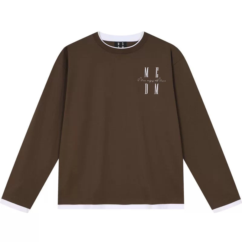 MEDM Simple and Versatile Fake Two Piece Round Neck Casual Long Sleeve T-shirt Embroidered Logo Loose and Slim Couple Top Autumn