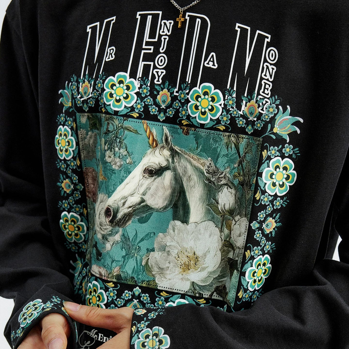MEDM color floral print patch casual round neck long sleeved T-shirt 26 new trendy loose couple top for spring