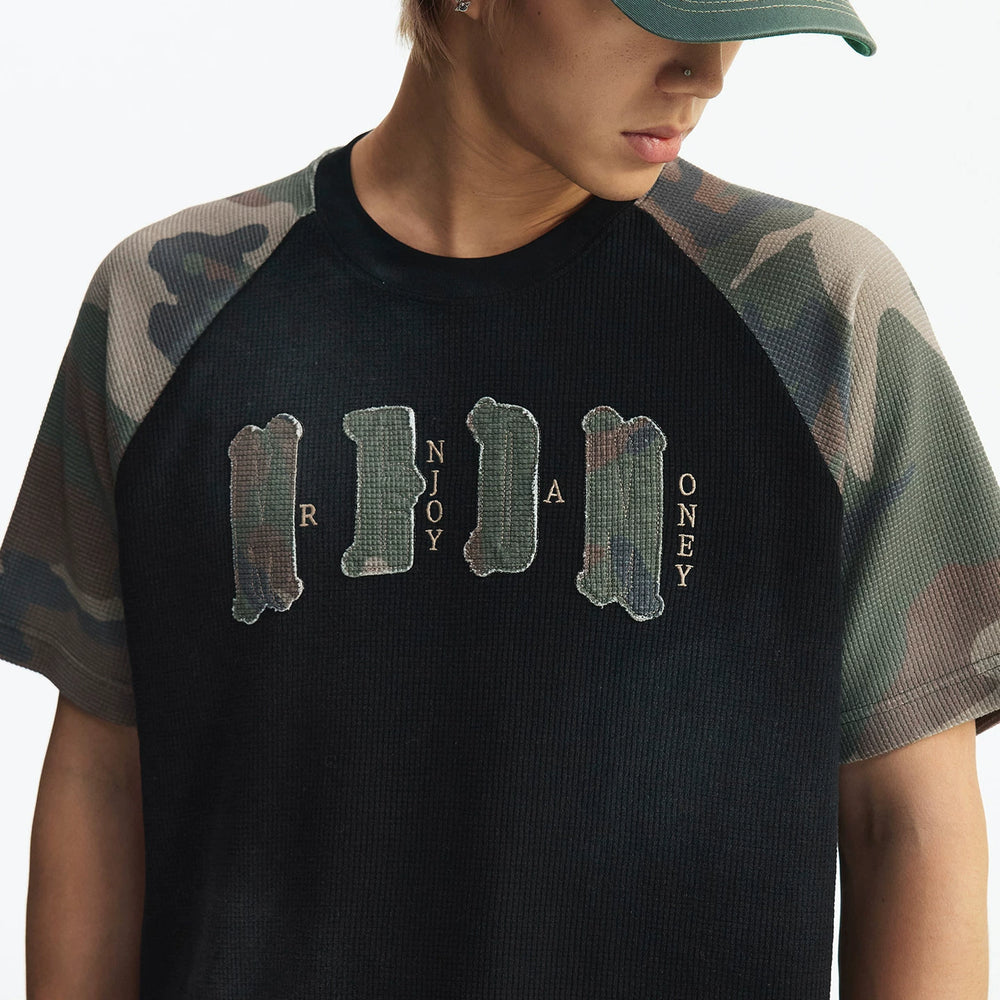 MEDM Waffle Camouflage Patch Logo Shoulder Insertion Casual Round Neck Short Sleeve Retro Vintage Vintage Loose Men's and Women's T-shirt Summer