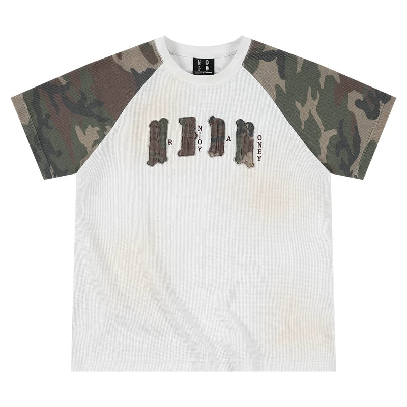 MEDM Waffle Camouflage Patch Logo Shoulder Insertion Casual Round Neck Short Sleeve Retro Vintage Vintage Loose Men's and Women's T-shirt Summer