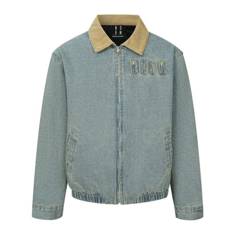 MEDM minimalist denim patchwork corduroy casual jacket for autumn and winter, washed and worn blue men's and women's collar jacket