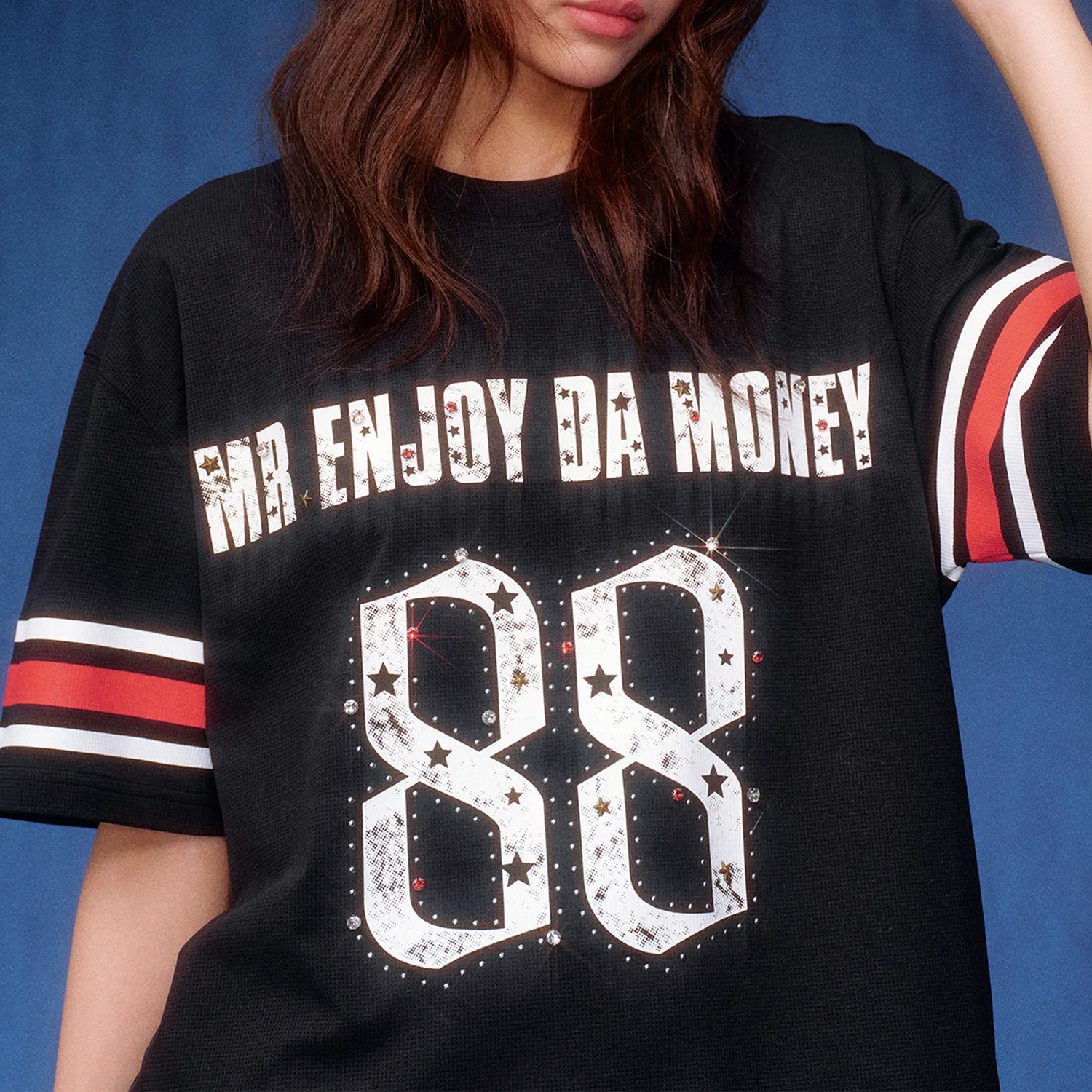 MEDM star studded bead contrasting striped quick drying casual retro jersey loose antibacterial short sleeved T-shirt for men and women