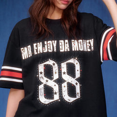 MEDM star studded bead contrasting striped quick drying casual retro jersey loose antibacterial short sleeved T-shirt for men and women