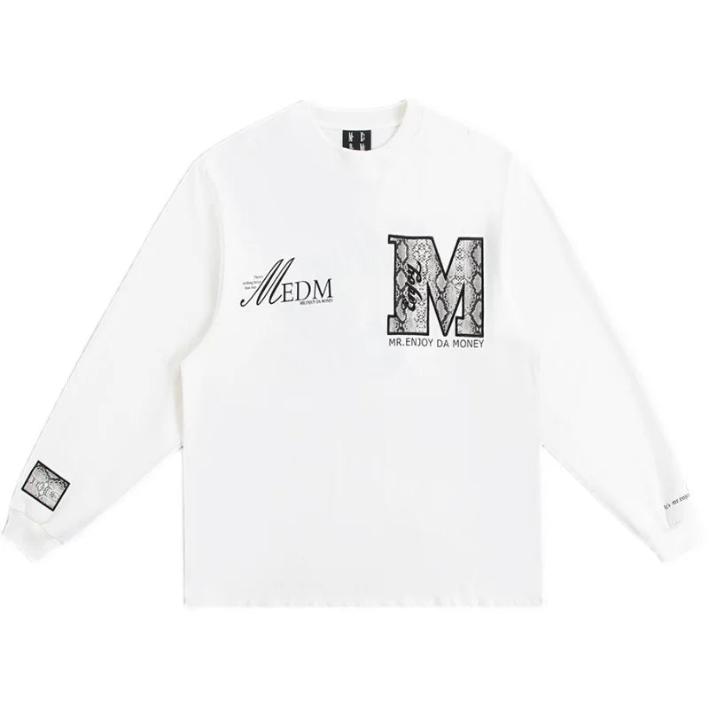 MEDM Fashion Brand Snake Pattern Collar Letter Top China-Chic Round Neck Long Sleeve T-shirt Men's Autumn American Hip Hop Couple