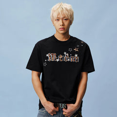 MEDM shoulder over star leopard print horsehair double-layer leather casual round neck short sleeved logo sticker versatile loose couple T-shirt