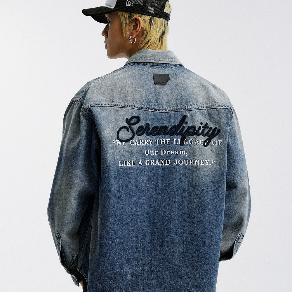 MEDM classic basic letter embroidery casual lapel washed denim jacket trendy retro handsome jacket for men