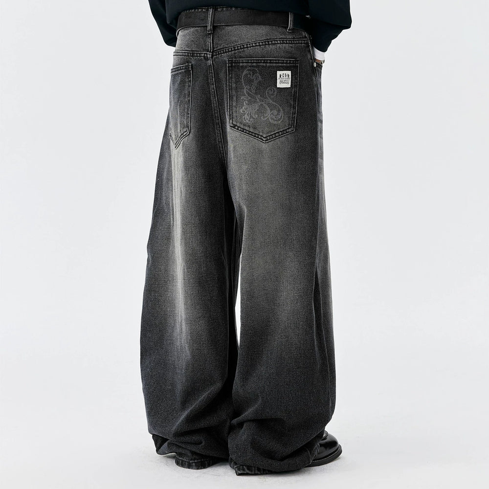 MEDM Flower Vine Laser Burnt Casual Bent Knife Jeans Street Versatile Mid Waist Micro Elastic Loose Wide Leg Pants Autumn