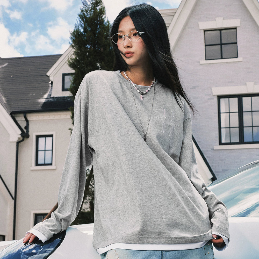 MEDM Simple and Versatile Fake Two Piece Round Neck Casual Long Sleeve T-shirt Embroidered Logo Loose and Slim Couple Top Autumn
