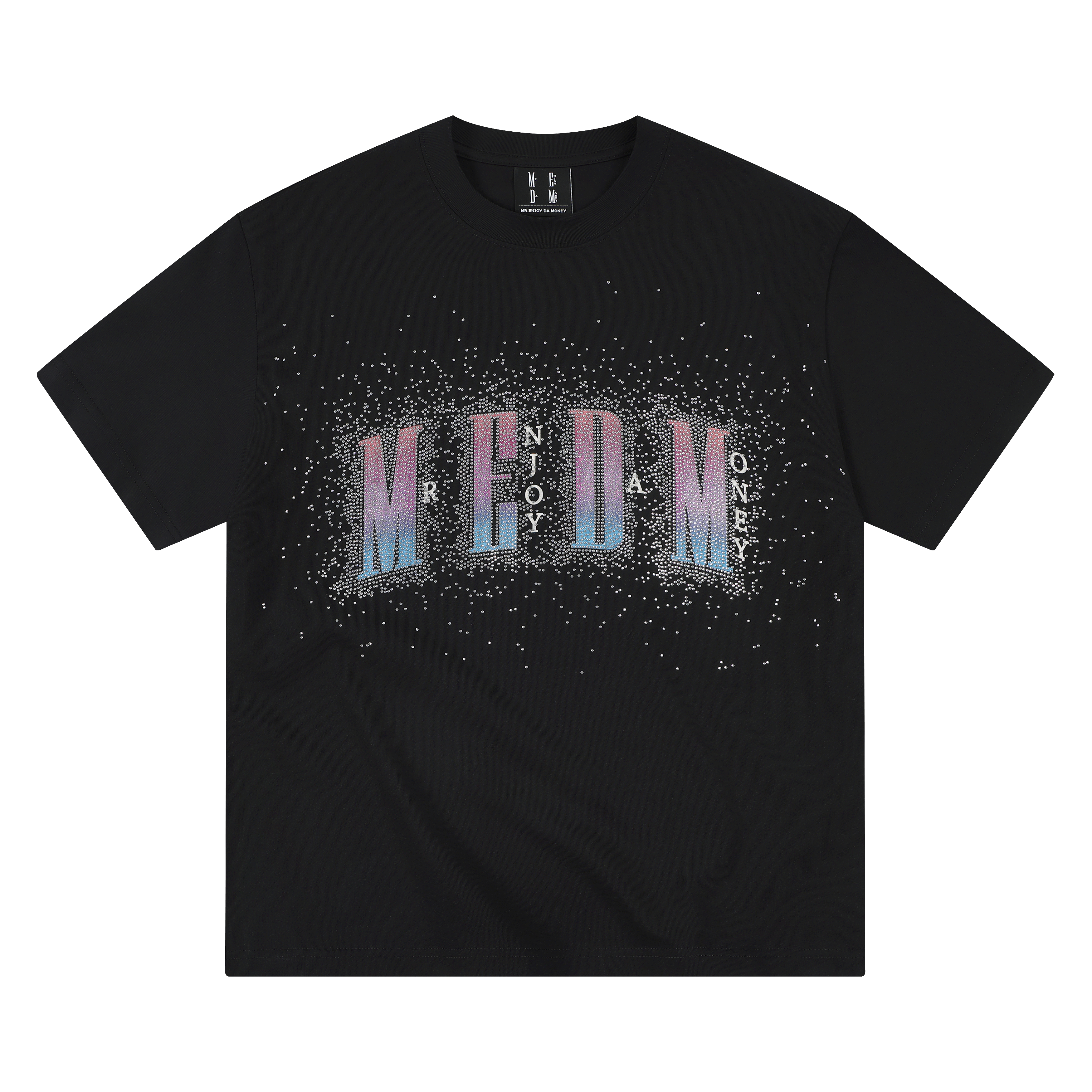 MEDM new gradient logo with diamond print casual round neck T-shirt for summer street glitter loose short sleeved men and women