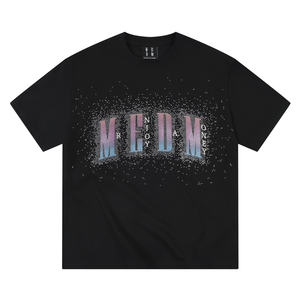 MEDM new gradient logo with diamond print casual round neck T-shirt for summer street glitter loose short sleeved men and women