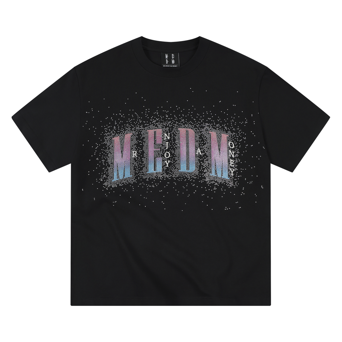 MEDM new gradient logo with diamond print casual round neck T-shirt for summer street glitter loose short sleeved men and women