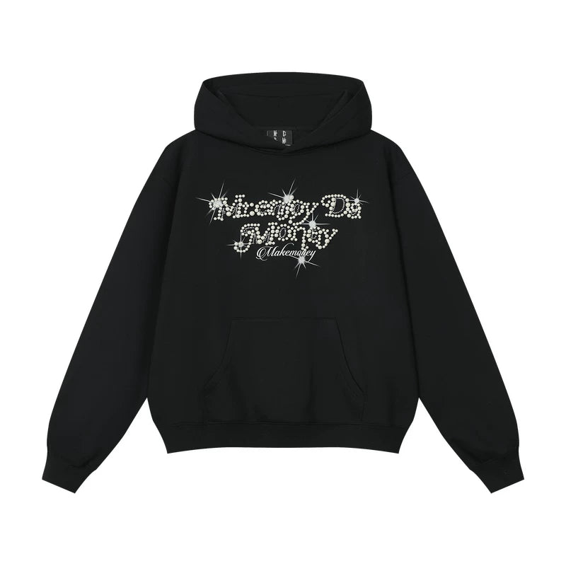 MEDM Nail Bead Flower Font Casual Hoodie Spring and Autumn American Loose Drawstring and Velvet Hoodie Couple Coat