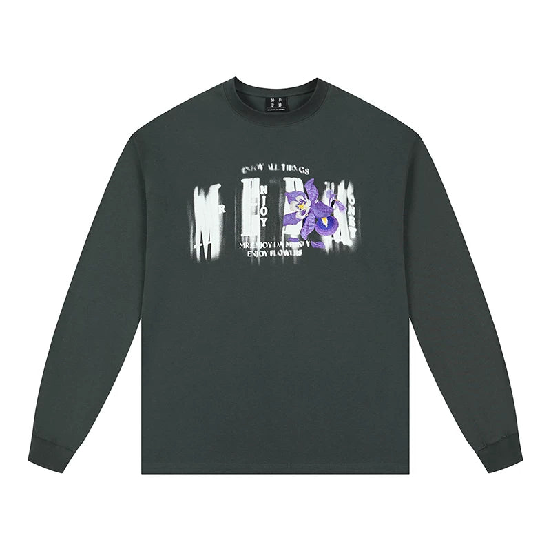 MEDM Phantom Flower Embroidery Long Sleeve T-shirt for Men, Autumn Loose Top, American Hip Hop Retro Casual T-shirt