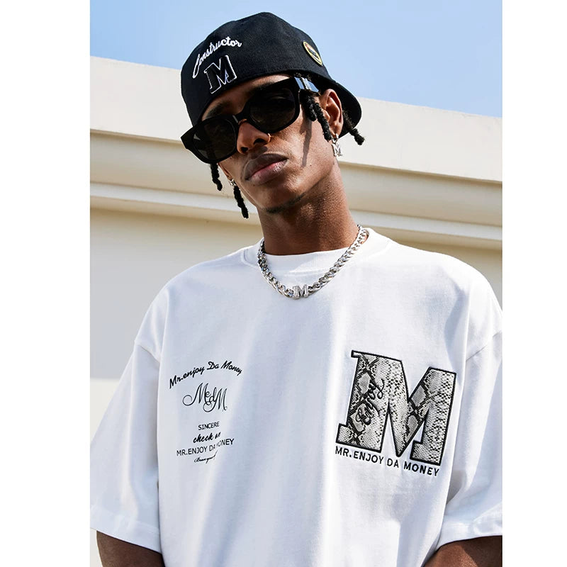 MEDM trendy leopard print snake print patchwork embroidery American hip-hop short sleeved T-shirt for men's summer loose half sleeved base shirt