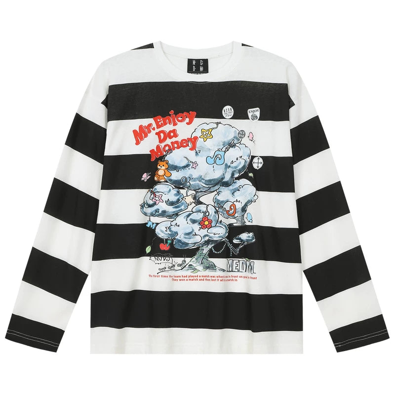 MEDM Fun Card Stickers Printed Stickers Casual Round Neck Long Sleeve T-shirt Spring/Summer Cute Style Loose Top for Men and Women