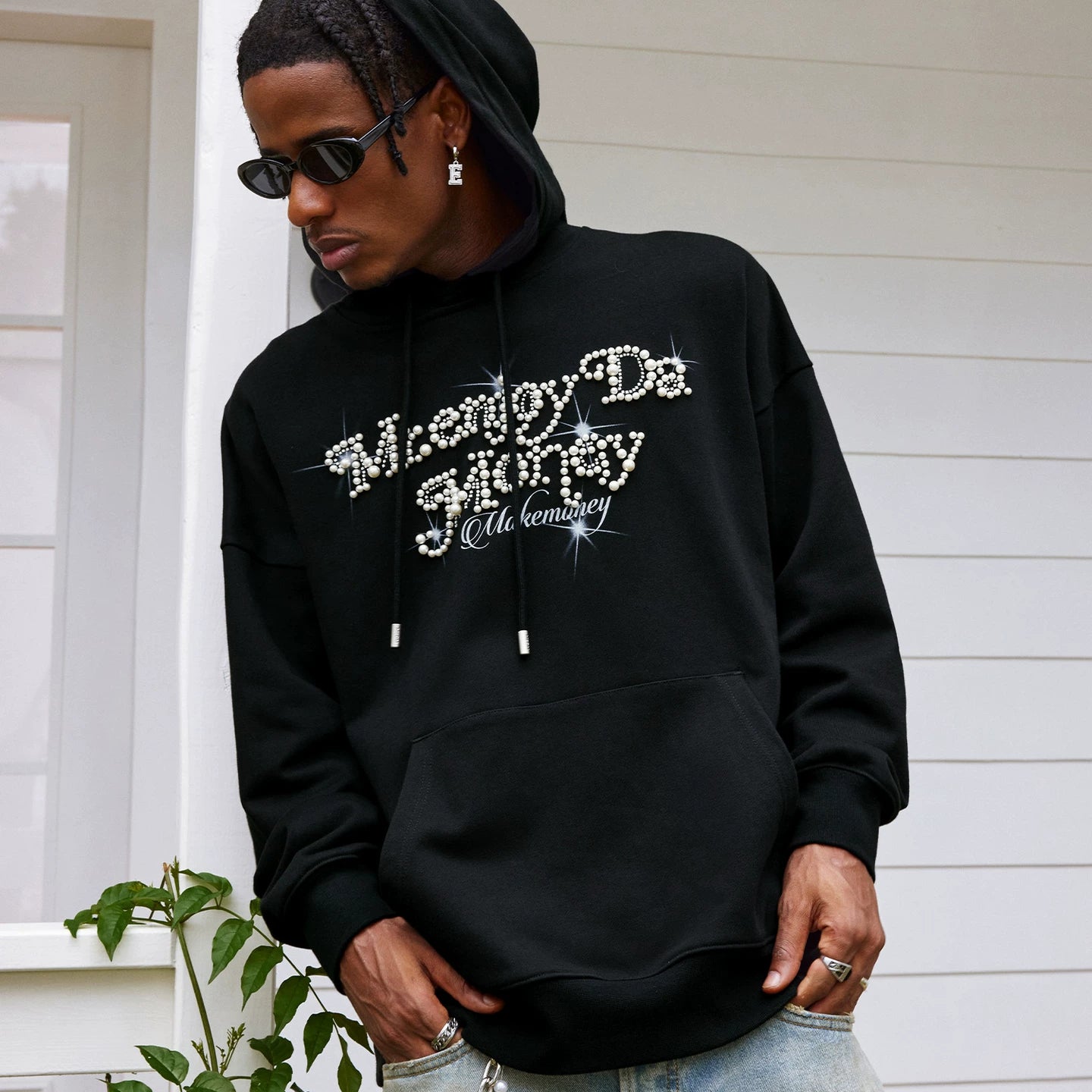 MEDM Nail Bead Flower Font Casual Hoodie Spring and Autumn American Loose Drawstring and Velvet Hoodie Couple Coat