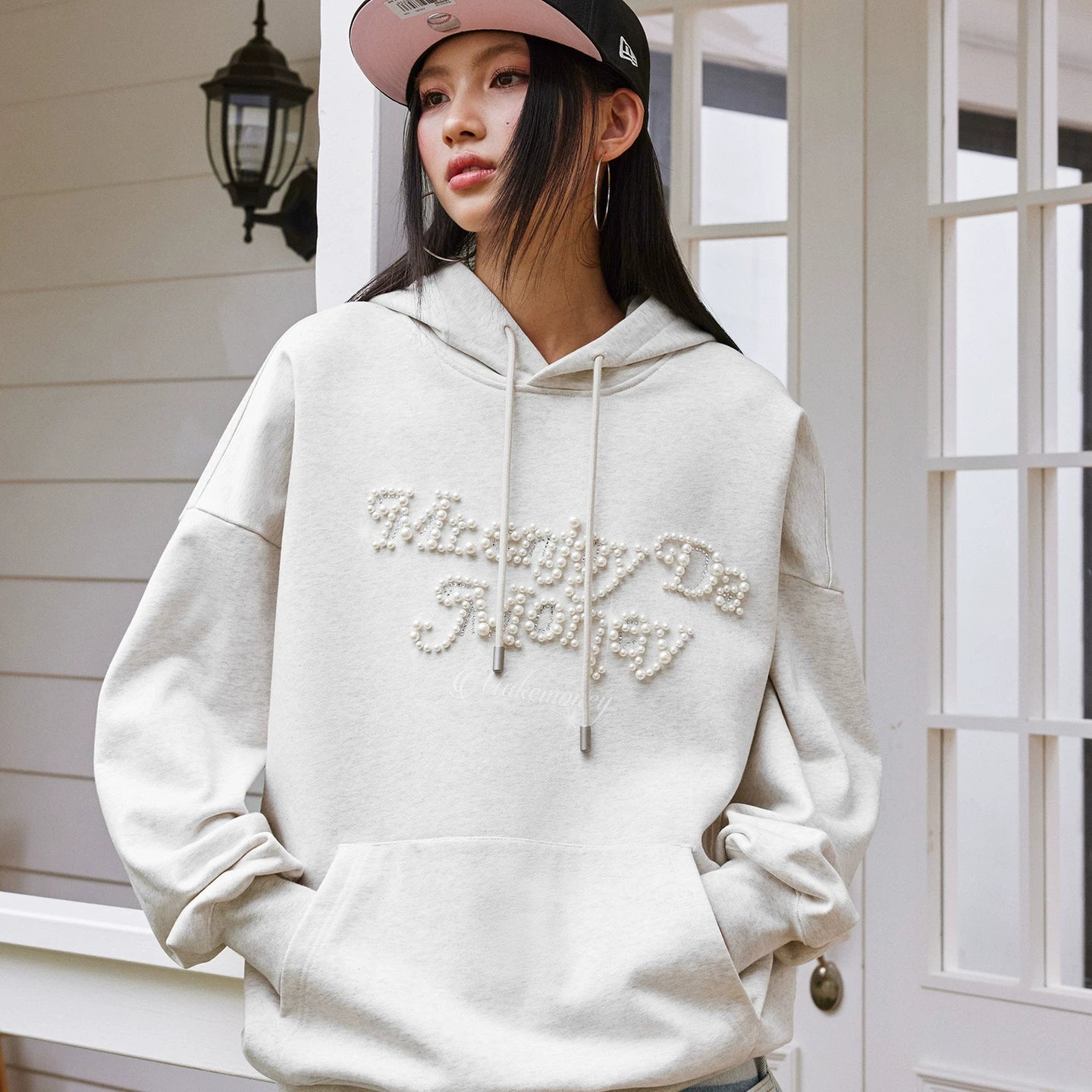 MEDM Nail Bead Flower Font Casual Hoodie Spring and Autumn American Loose Drawstring and Velvet Hoodie Couple Coat