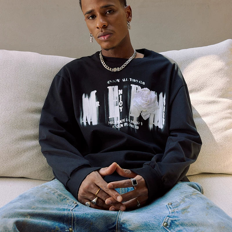 MEDM Phantom Flower Embroidery Long Sleeve T-shirt for Men, Autumn Loose Top, American Hip Hop Retro Casual T-shirt