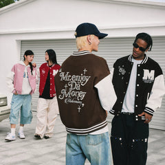 MEDM color blocking patchwork nail pearl casual stand up baseball jacket autumn American men's and women's loose long sleeved jacket jacket