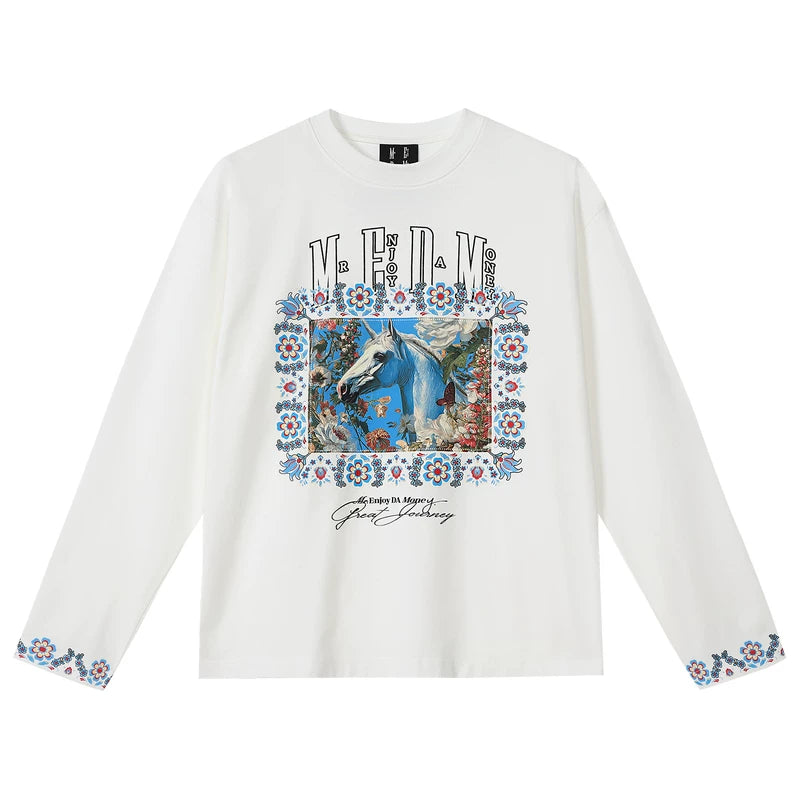 MEDM color floral print patch casual round neck long sleeved T-shirt 26 new trendy loose couple top for spring