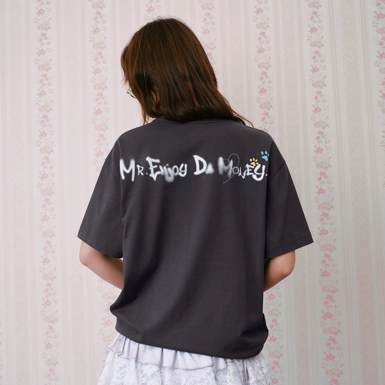 MEDM color rhinestone washed puppy print casual round neck short sleeved American retro heavy-duty loose T-shirt