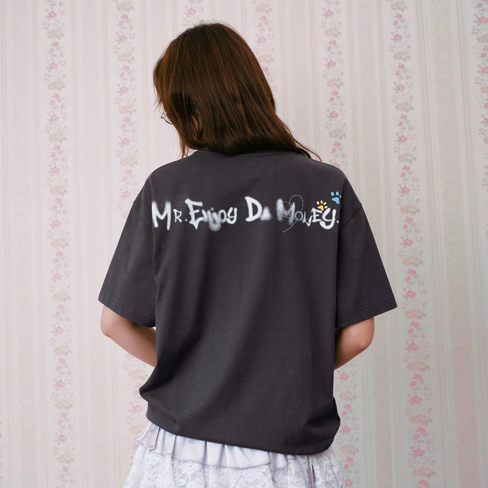 MEDM color rhinestone washed puppy print casual round neck short sleeved American retro heavy-duty loose T-shirt