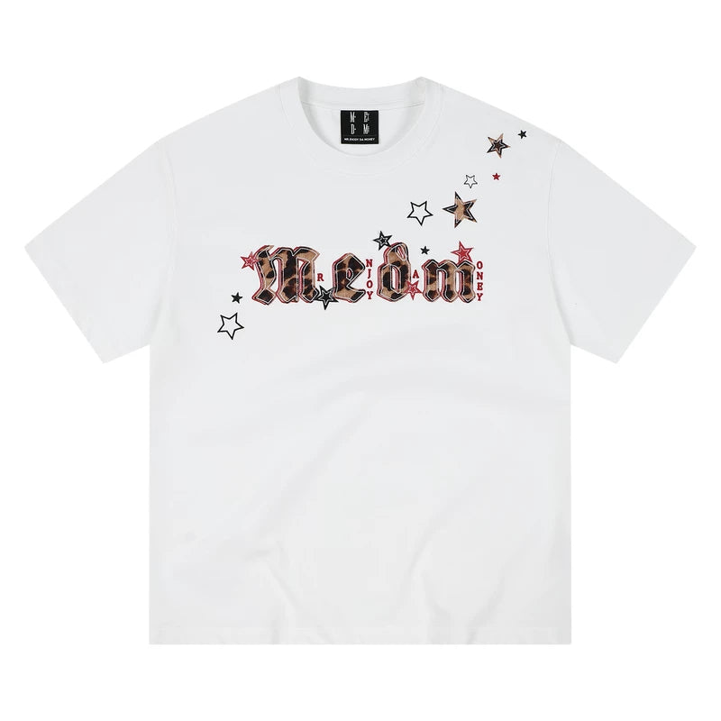 MEDM shoulder over star leopard print horsehair double-layer leather casual round neck short sleeved logo sticker versatile loose couple T-shirt