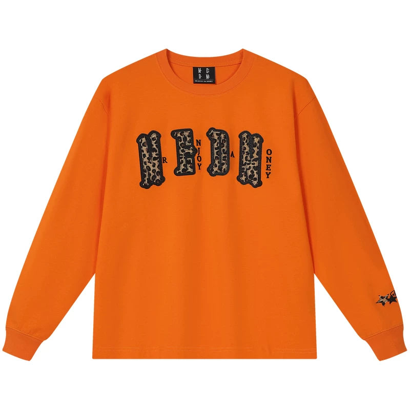 MEDM double-layer leather leopard print patch embroidered casual round neck long sleeved T-shirt trendy and versatile couple loose top