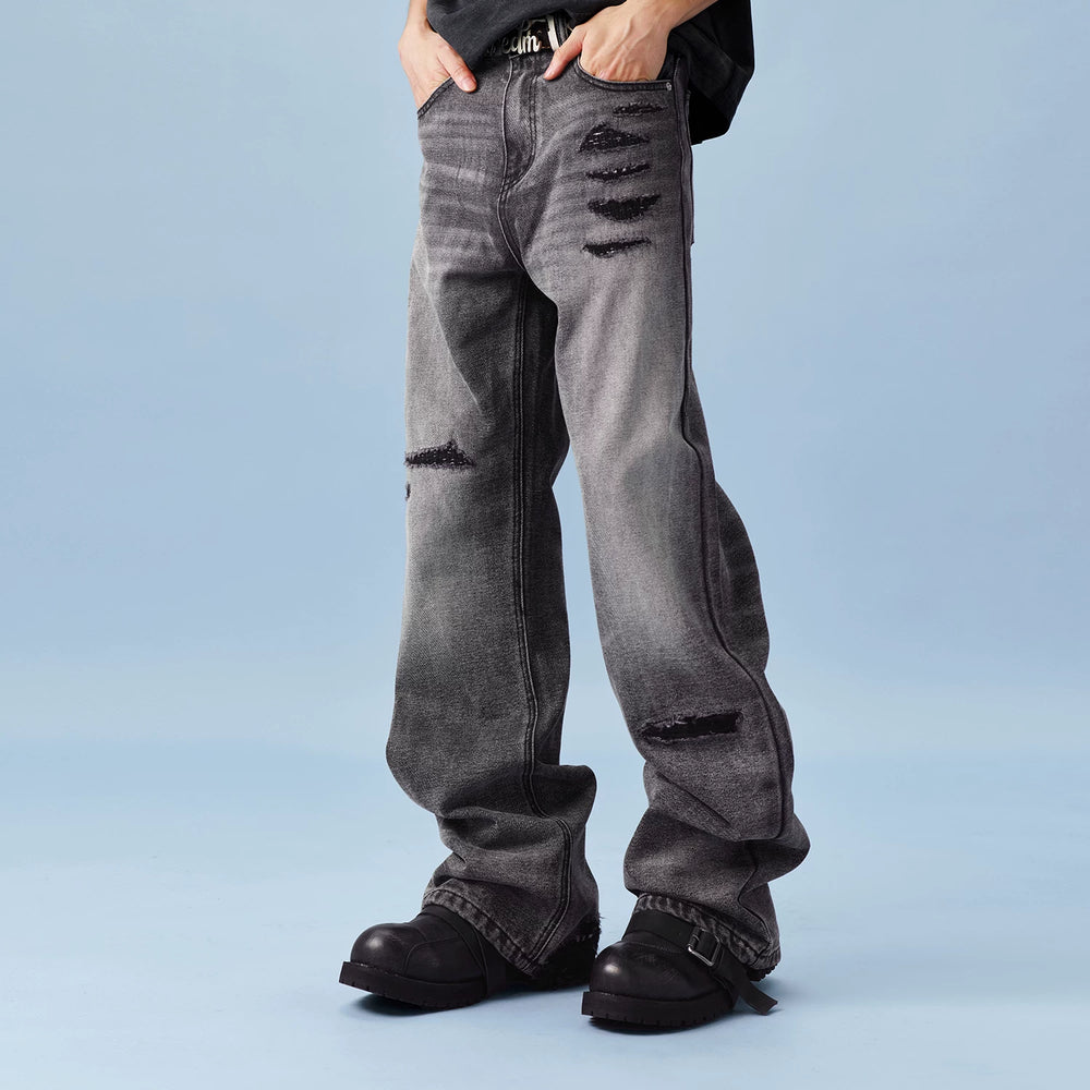 MEDM bamboo striped denim with heavily worn leather, patchwork horsehair, micro flared jeans, washed and worn casual pants for men