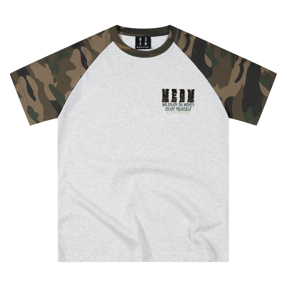 MEDM 冚 Car line raglan sleeves leopard print leather casual short sleeves American retro contrasting shoulder loose men's and women's T-shirts
