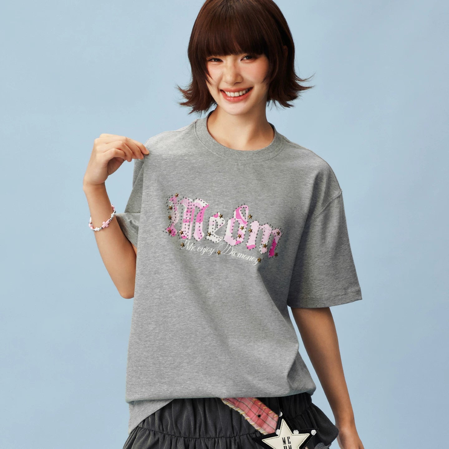 MEDM camouflage gothic logo star studded bead casual round neck short sleeved trendy versatile loose couple T-shirt summer