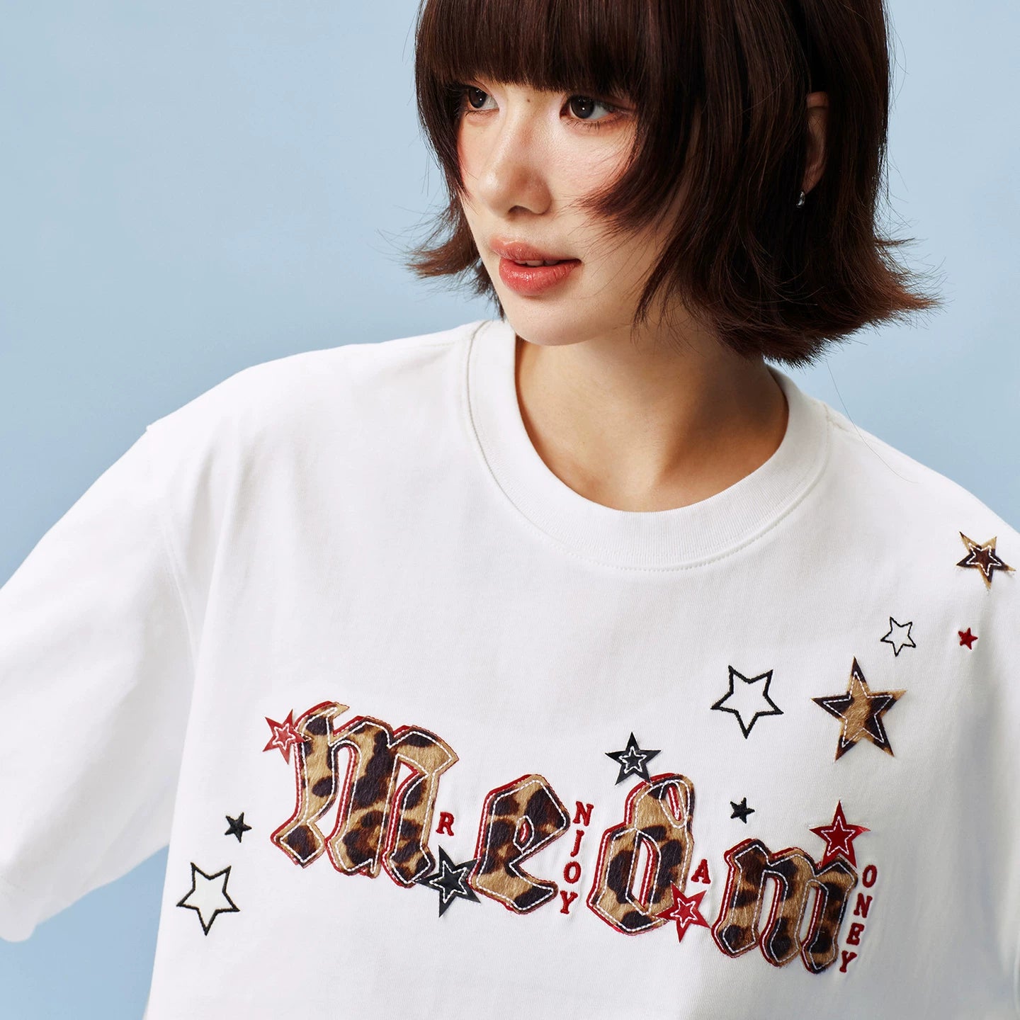 MEDM shoulder over star leopard print horsehair double-layer leather casual round neck short sleeved logo sticker versatile loose couple T-shirt