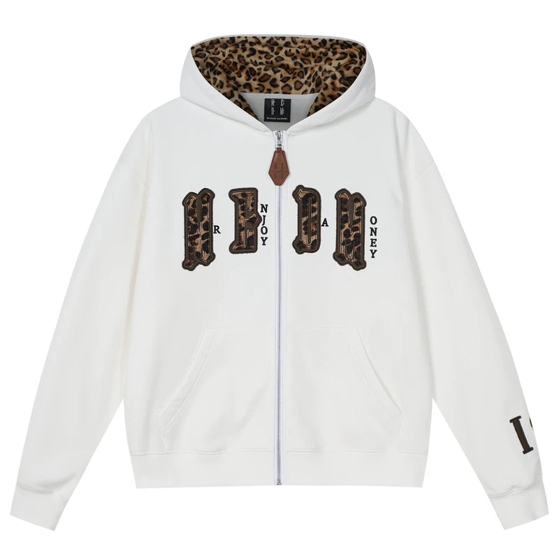MEDM leopard print hat with leather lining, casual zipper hoodie, American couple casual cardigan, hooded and fleece hoodie, autumn