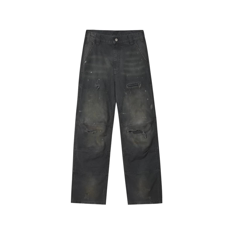 MEDM Spring and Autumn ripped washed casual zipper work pants with American street design sense, unisex straight leg pants