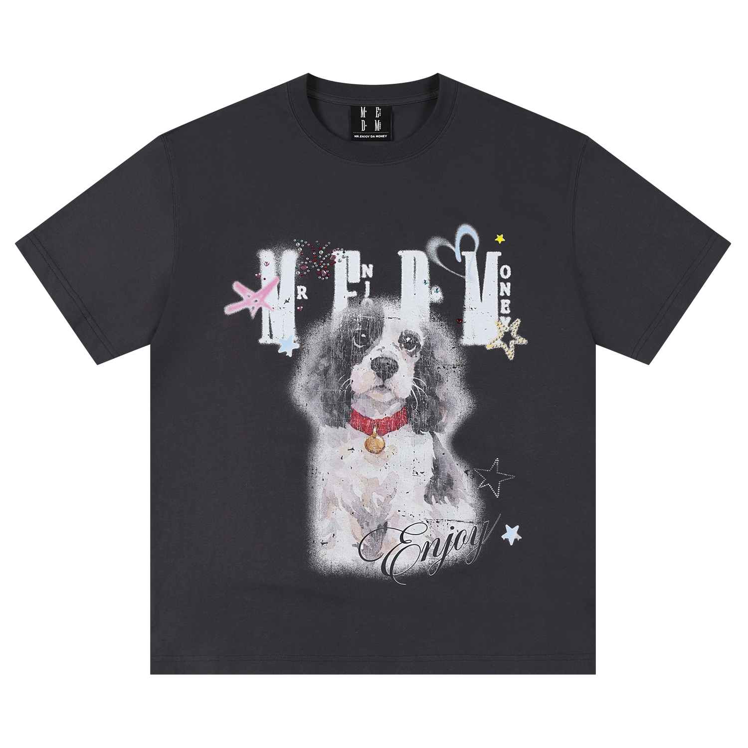 MEDM color rhinestone washed puppy print casual round neck short sleeved American retro heavy-duty loose T-shirt