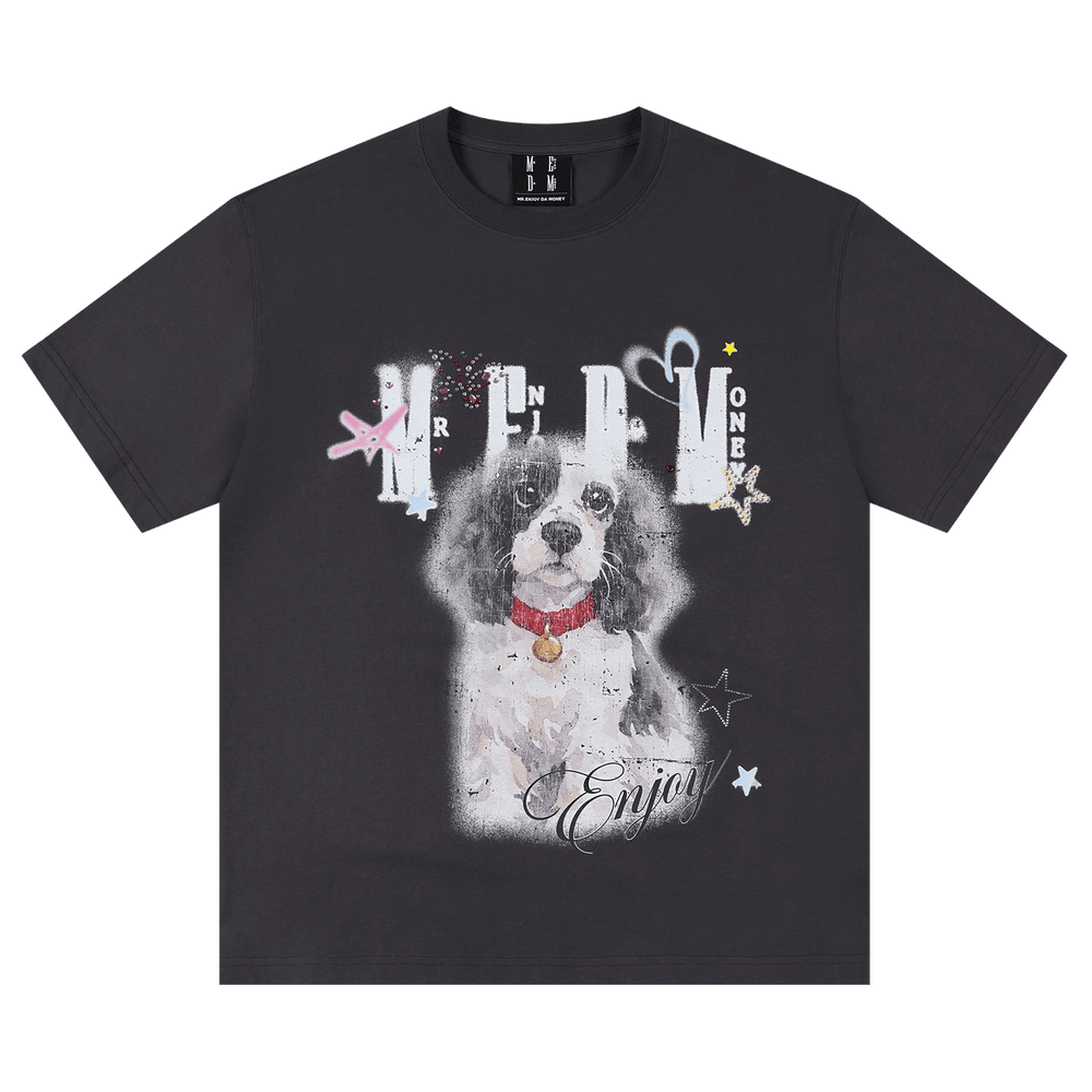 MEDM color rhinestone washed puppy print casual round neck short sleeved American retro heavy-duty loose T-shirt