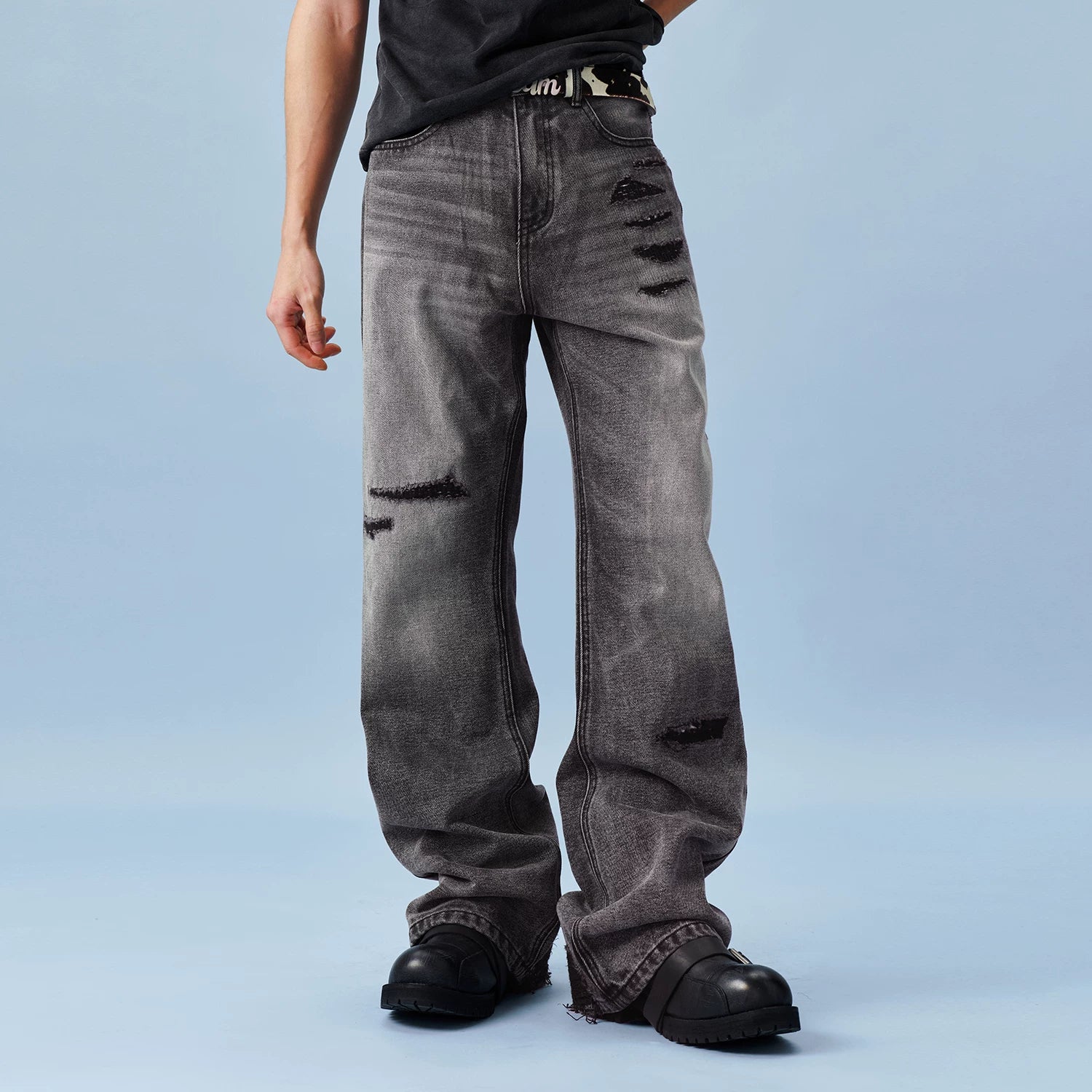 MEDM bamboo striped denim with heavily worn leather, patchwork horsehair, micro flared jeans, washed and worn casual pants for men