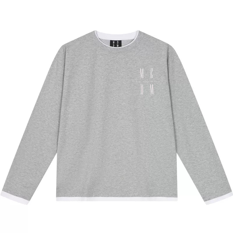 MEDM Simple and Versatile Fake Two Piece Round Neck Casual Long Sleeve T-shirt Embroidered Logo Loose and Slim Couple Top Autumn