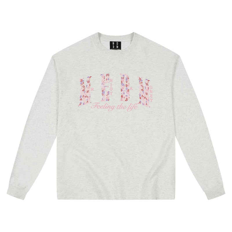 MEDM small flower embroidered logo round neck casual long sleeved T-shirt American simple and versatile couple loose top for autumn and winter