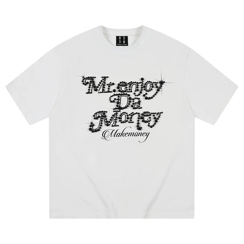 MEDM26SS pearl flower font summer short sleeved T-shirt for men and women, couple style American loose top T-shirt tee