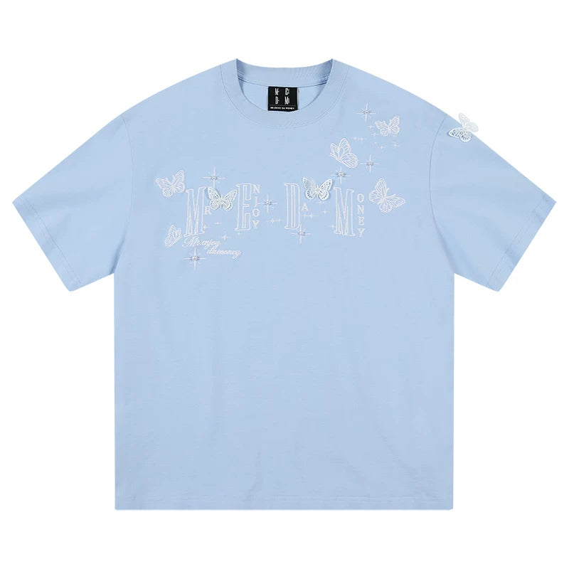 MEDM American style short sleeved T-shirt with lace butterfly design, unisex summer T-shirt, trendy brand style round neck short sleeved shirt