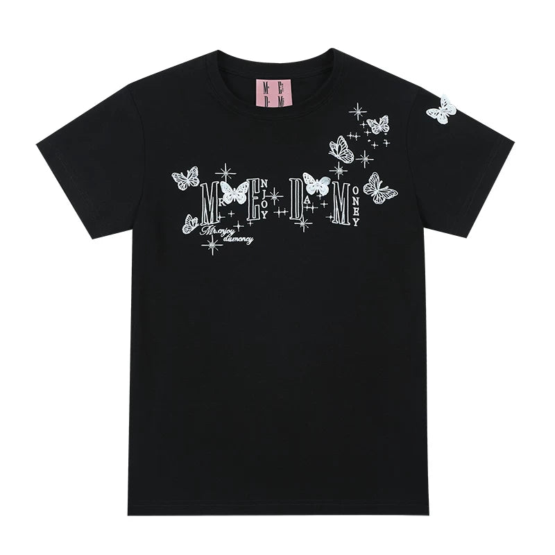 MEDM American style short sleeved T-shirt with lace butterfly design, unisex summer T-shirt, trendy brand style round neck short sleeved shirt