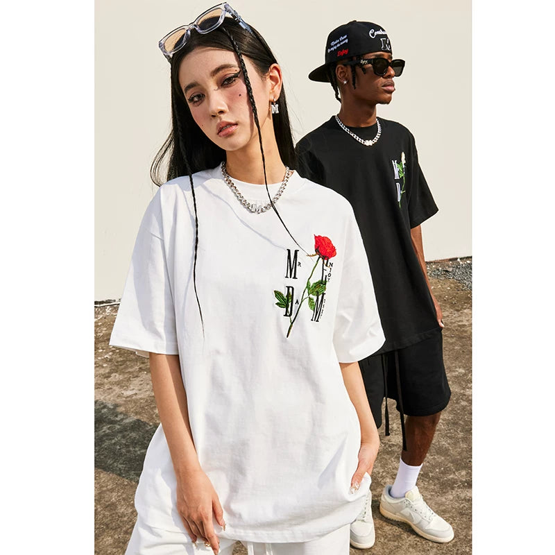 Hou Minghao's Rose 3D Embroidered Short Sleeve T-shirt MEDM American Street Loose Edition Cotton Short Sleeve