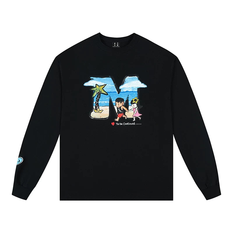 MEDM x NEWMASUS collaboration seaside coconut tree print casual round neck long sleeved T-shirt trendy couple top