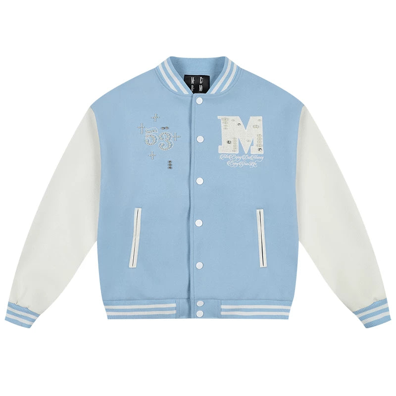 MEDM color blocking patchwork nail pearl casual stand up baseball jacket autumn American men's and women's loose long sleeved jacket jacket