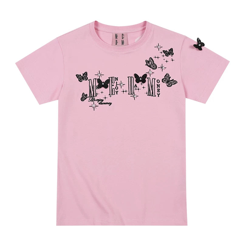 MEDM American style short sleeved T-shirt with lace butterfly design, unisex summer T-shirt, trendy brand style round neck short sleeved shirt