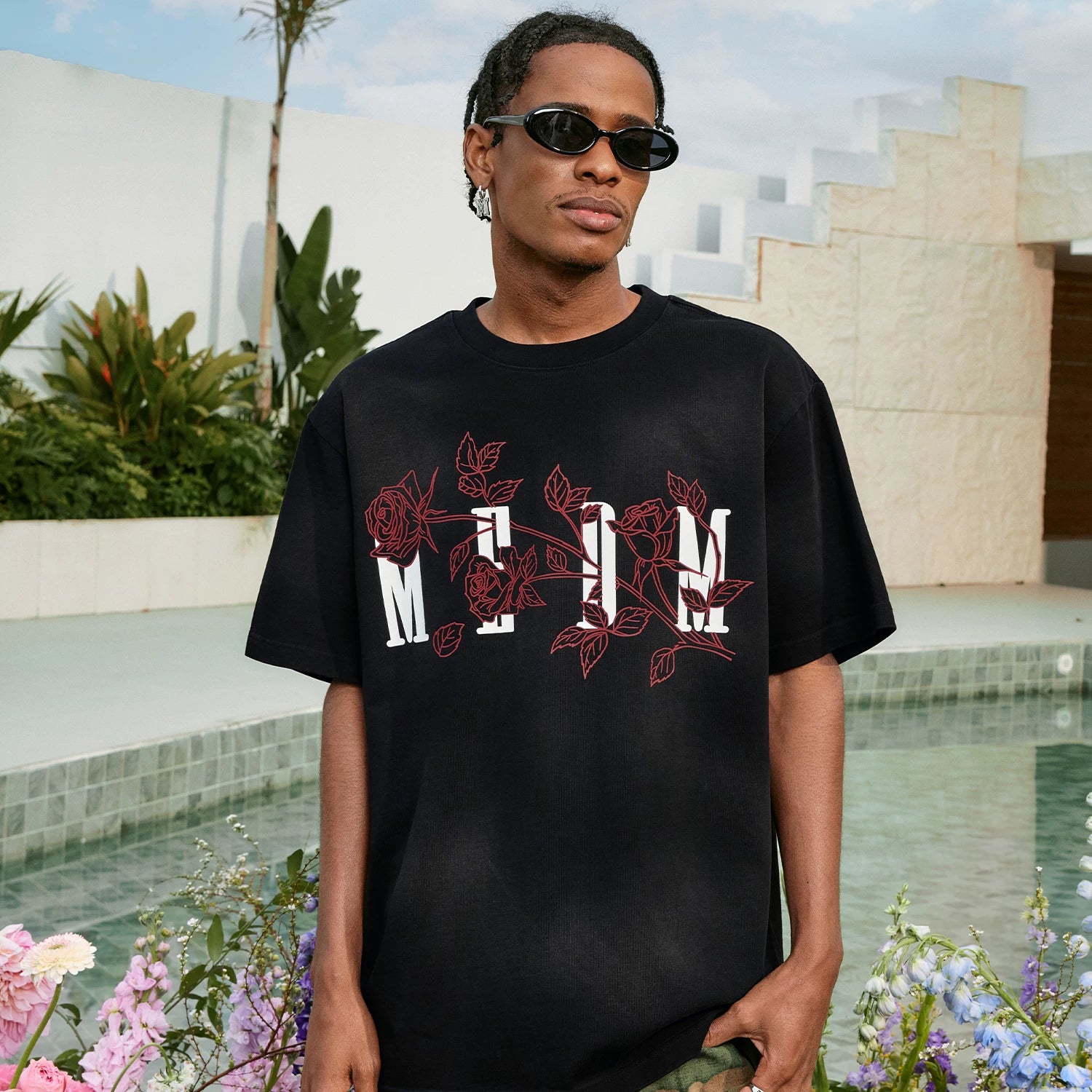 MEDM 26SS Line Branch Rose Wash Short Sleeve Casual T-shirt for Men and Women Summer Loose Round Neck Top t